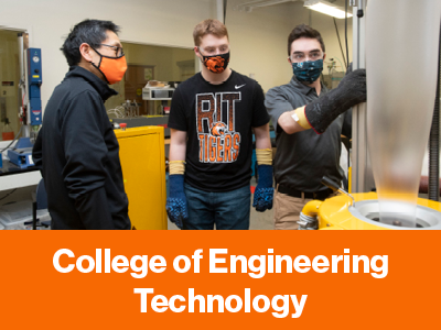 Text: College of Engineering Technology, with 3 students wearing masks in an engineering lab.