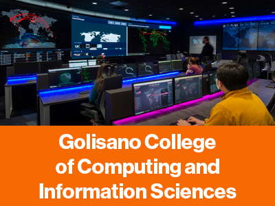 Text: Golisano College of Computing and Information Sciences, with students in a large computer lab.