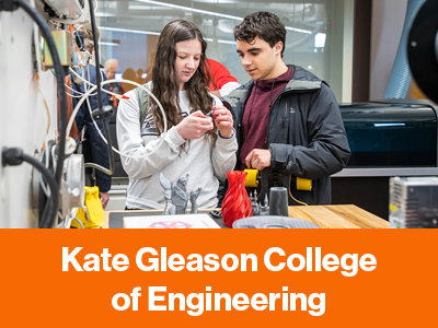 Text: Kate Gleason College of Engineering, with students in an engineering lab.