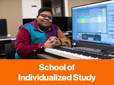 Text: School of Individualized Study, with a student sitting at a musical keyboard.