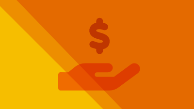 an orange graphic with a dollar sign and hand