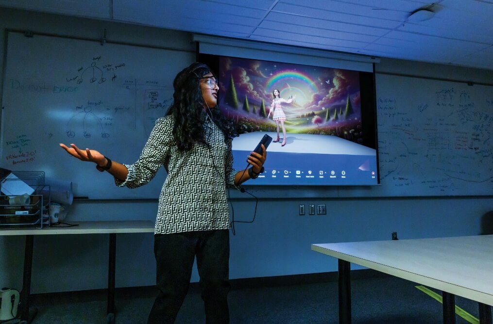 A person performing virtual karaoke in the foreground with the virtual result in the background, showing them as an animated avatar.