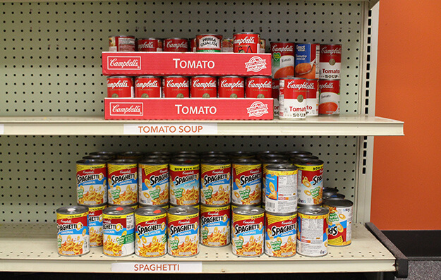 Cans of food on shelves